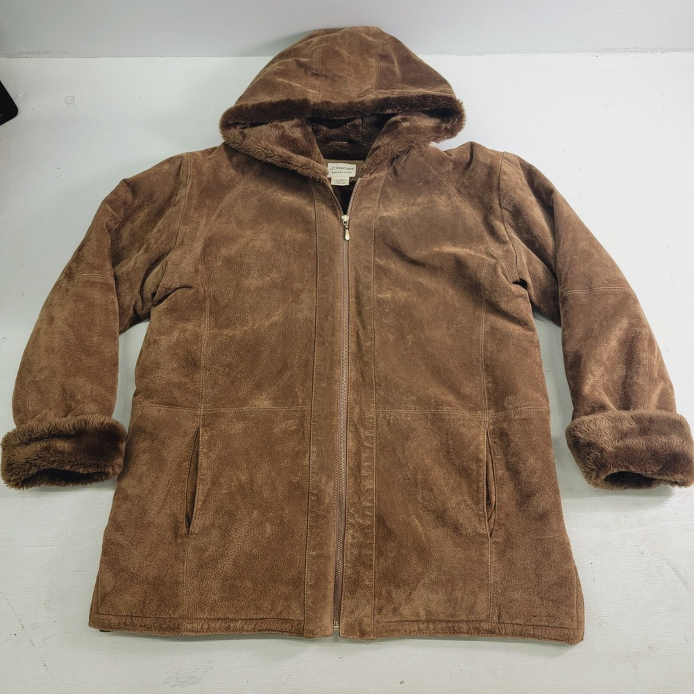 St. Johns Bay Brown Washable Suede Parka Jacket Adult XL Hooded Zip Leather EUC